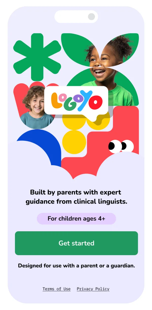 Logoyo app: the welcome screen, built by parents with expert guidance from clinical linguists