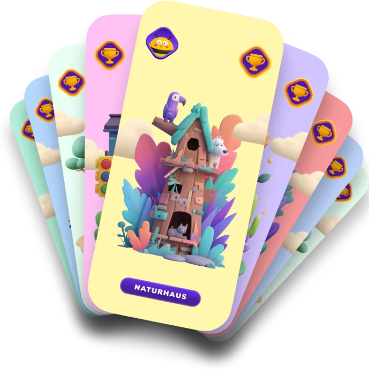 Fanned app screens with themed houses